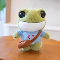 Adorable green plush frog toy wearing a blue knitted sweater and a small brown bag - 29cm / Blue Rose (dpx-frog)