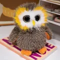 Cute fluffy big-eyed owl plush toy with vibrant yellow facial feathers on desk - Khaki / 20cm