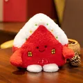 Niedliches rotes Weihnachts-Lebkuchenhaus-Plüschtier mit Schneedach und einem Smiley - Weihnachts Rotes Haus