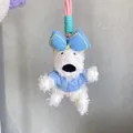 Adorable white Westie plush dog keychain wearing a blue knitted sweater and bow - Blue Butterfly