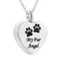 Stainless steel heart pet cremation necklace with My Fur Angel engraving and paw prints - Silver Heart Paw Print Memorial Style
