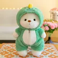 Adorable white plush teddy bear wearing a green dinosaur onesie costume for home decor - Transforming Style (Washable) / Height 30cm Sitting 25cm / Blue Dinosaur