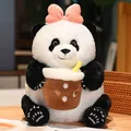 Soft and cuddly giant panda plush toy with pink bow holding a boba milk tea cup - 22cm / Milk Tea Style
