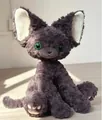 Adorable dark grey curly hair Devon Rex cat plush toy with large ears and green eyes. - Green Eye Devon Cat / 40CM