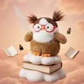 Adorable fuzzy bird plush doll with red glasses holding a quill, creative study companion - 16cm / Tan