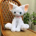 White curly-haired plush cat with blue eyes and pink bow tie on a rattan chair - White with Blue Eyes / 40CM