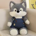 Adorable husky wolf plush toy wearing dark blue denim overalls with HAPPY tag detail - Classic Style / 50cm / Husky