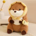 Adorable capybara plush toy wearing a yellow checkered hood and holding a small fish - Headband Capybara With Yellow Fish / Brown / 30cm