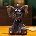 Cute grey Devon Rex plush cat with purple bow and party hat accessory - Devon Cat with Halloween Hat
