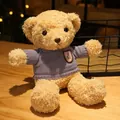 Small light brown plush teddy bear toy wearing a cute purple knitted sweater on a desk - Light Brown Purple Sweater Shield Style / 30cm