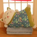 Cojín de peluche 2 en 1 de gato de la suerte japonés y manta de forro polar floral para siesta - Cojín + Manta Gato (Clásico) / Verde