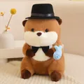 Cute otter plush toy wearing black top hat and bow tie holding blue fish - Top Hat Capybara With Blue Fish / Brown / 30cm