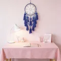 Handcrafted blue petal tassel dreamcatcher hanging on pink wall above a cozy study desk scene - Dark Blue Petal Tassel Style (MS0118D) / 20x65cm