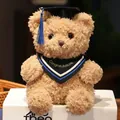 Süßer brauner Abschluss-Teddybär mit Doktorhut und besticktem Absolventenschal. - 23cm / Dreieckstuch - Blau