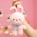 Adorable pink plush rabbit bag charm keychain with blue checkered bow tie for girls - Rabbit