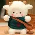 Cute white sheep plush toy wearing a green reindeer sweater with brown shoulder bag - Dark Green Deer Sweater + Bag