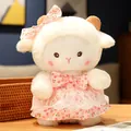 Adorable white plush sheep doll in a pink cherry print dress with a matching lace bow - Pink Heart Cherry Dress