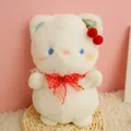 Adorable white plush cat toy doll with cherry accessory and red lace bow, 23cm height. - Twins Cherry