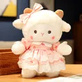 Soft white plush lamb toy doll wearing a decorative pink heart-patterned dress with lace - Pink Heart Dress