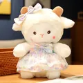 Cute Poke little sheep plush doll wearing a lavender floral lace dress and bow decoration - Colorful Oil Painting Style Dress
