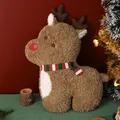 Coussin en peluche renne marron de fête avec écharpe rayée rouge et verte pour Noël - 45cm / Élan