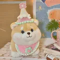 Cute Shiba Inu plush doll wearing a pink knitted birthday hat and bib - Pink Flower Style / 26x22cm / Pink