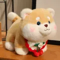 Adorable Shiba Inu plush dog toy with cherry knitted scarf on a rustic wooden shelf - Cherry Style