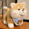 Cute tan Shiba Inu plush dog doll wearing a blue knitted bandana with bear patch - Bear Style