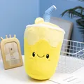 Cute yellow orange juice cup plush toy pillow with smiling face and blue striped straw - Lemon Tea Style