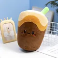 Adorable brown bubble milk tea cup plush toy pillow with a cute smiling face and straw - Coffee