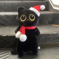 Cute black cat long plush pillow toy wearing festive Christmas hat and red scarf - Black Cat Xmas Style