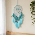 Attrape-rêves Arbre de Vie turquoise fait main avec plumes bleues pour décoration murale boho. - Bleu Cyan (MS2638C)