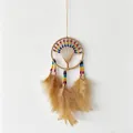 Detailed view of handmade dreamcatcher with rainbow beads and soft brown feathers. - Light Brown Rainbow Umbrella / Light Coffee / 9CM Ring
