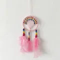 Detail view of a pink dreamcatcher featuring vibrant rainbow beads and soft pink feathers - Pink Rainbow Umbrella / Pink / 9CM Ring