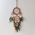 Attrape-rêves indien fait main à cinq anneaux avec plumes colorées pour décoration murale. - Terre Vert Orange Jaune (9078E)