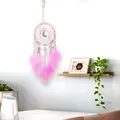 Pink Mori-style dreamcatcher with crescent moon charm and feathers wall hanging - Pink