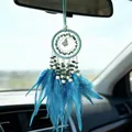 Atrapasueños de coche hecho a mano con piedras verdes y plumas azules para el retrovisor - Azul O