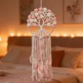 Atrapasueños macramé árbol de la vida hecho a mano con flores rosas y plumas - Colgante individual / Flor Rosa Artículo Individual