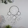 Elegante acchiappasogni bohémien a 4 anelli con pizzo all'uncinetto bianco e piume soffici - Quattro Anelli Nero e Bianco (9202)