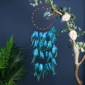 Atrapasueños Árbol de la Vida tejido a mano con cuentas y plumas azules decoración - Aro Marrón Pluma Azul (MS9468)