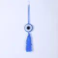 Hand-crocheted Evil Eye hanging ornament with blue tassel for home or car wall decor - Bright Blue Style (MS9337B)