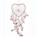Handmade white heart-shaped dreamcatcher hanging ornament with brown feathers and beads - Beige Heart Style (MS6930A) / Beige
