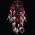 Handmade red heart-shaped five-ring dreamcatcher decorated with natural brown feathers - MS8049 Red