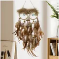 Attrape-rêves hibou fait main avec des plumes naturelles et des perles décoration murale - Hibou Naturel (MS4015A)