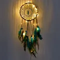 Handmade dream catcher with turquoise pendant, feathers and warm LED fairy lights - Lake Blue With Light (MS0082CD) / 13cm Ring