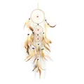 Atrapasueños artesanal de tres aros con plumas beige y colgante de cuentas - Beige (MS7008A) / Longitud Total 63cm
