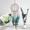 Handgefertigter Boho-Traumfänger mit Türkis und blau-braunen Federn als Wanddekoration - 0082 Seeblau