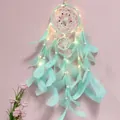 Atrapasueños de doble aro verde menta con luces LED cálidas y plumas decorativas - Con Luces LED / Verde