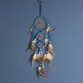 Atrapasueños azul hecho a mano con tres anillos y plumas marrones naturales para pared - Azul (MS7008F) / Longitud Total 63cm