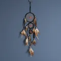 Atrapasueños artesanal de tres anillos con plumas marrones para decoración de pared hogar - Negro (MS7008G) / Longitud Total 63cm